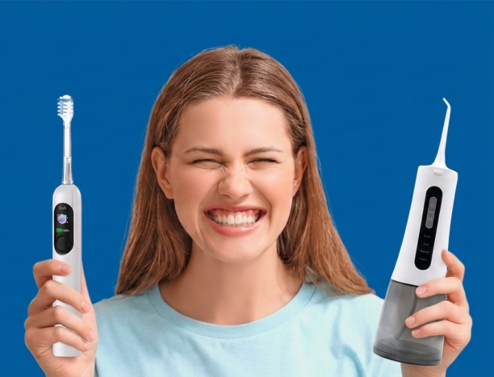 Expertise Nomad Oral Care : brosse à dents électrique et hydropulseur blanc présentés par une femme souriante sur fond bleu.