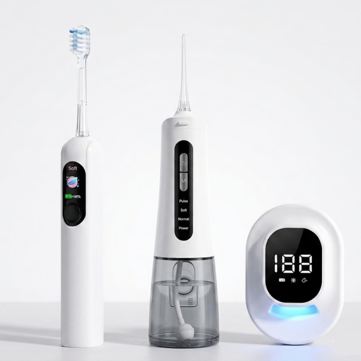 Le kit complet Nomad Integra-Sonic pour protocole implantaire, comprenant une brosse à dents sonique haute performance avec écran LED, un jet dentaire ergonomique et un stérilisateur UVC compact. Présentation premium des trois piliers de la maintenance post-prothétique sur un fond épuré, soulignant une hygiène dentaire de niveau clinique.