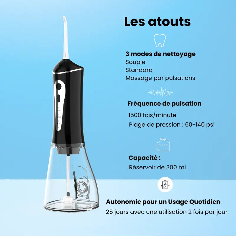 Jet dentaire en fonctionnement montrant le nettoyage en profondeur entre les dents.