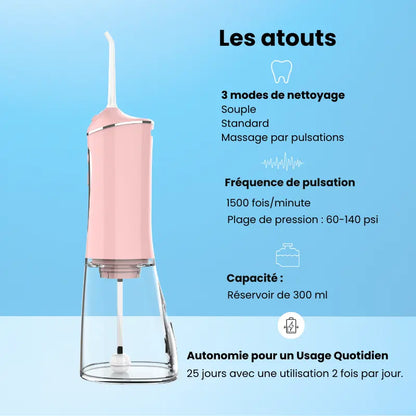 Jet dentaire en fonctionnement montrant le nettoyage en profondeur entre les dents.