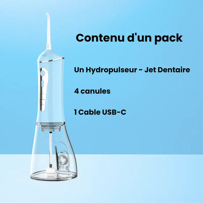 Jet dentaire en fonctionnement montrant le nettoyage en profondeur entre les dents.