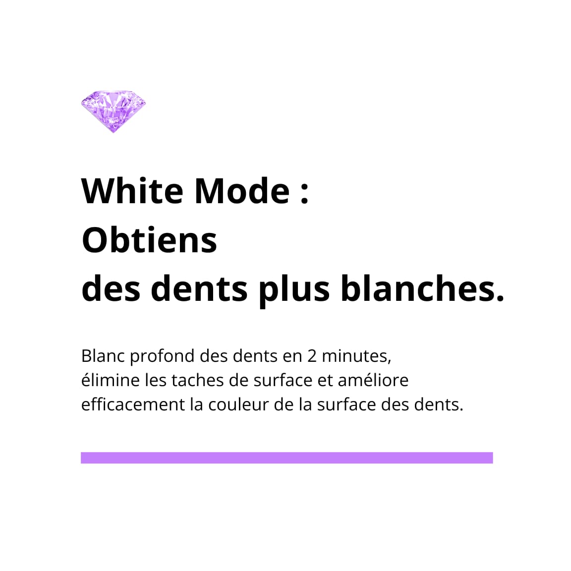 Gros plan sur un jeune homme souriant tenant une brosse à dents électrique sonique noire (Nomad) devant un miroir de salle de bain. Le texte promotionnel met en évidence le Mode White et la Technologie sonique avancée pour des dents visiblement plus blanches sans agresser l'émail. 
