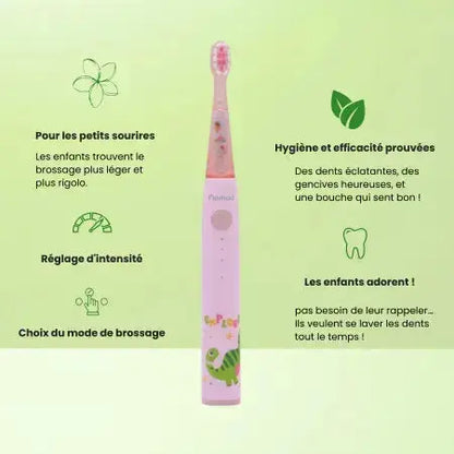 Brosse à dents électrique Nomad Kids rose avec motif dinosaure. Mise en avant des fonctionnalités : brossage léger, efficacité prouvée, réglage d'intensité et choix du mode. Idéal pour inciter les enfants à l'hygiène dentaire.