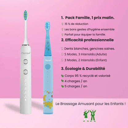 Pack Famille de brosses à dents électriques soniques Nomad. Une brosse Pearly pour adulte (5 modes) et une brosse bleue pour enfant (3 modes, motif dinosaure). Le texte met en avant le prix malin, l'efficacité professionnelle (dents blanches, gencives saines) et l'écologie & durabilité (corps 95 % recyclé, faible nombre de charges annuelles). 