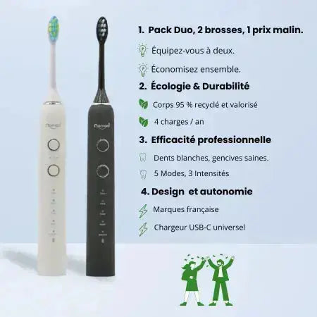 Pack Duo Nomad pearly et black – brosses à dents soniques écologiques, recharge USB-C, 5 modes, marque française.