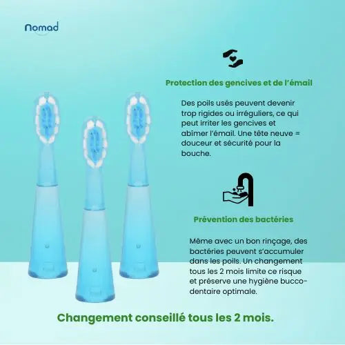 Tête de brosse à dents sonique pour enfant, couleur bleue, 3 pièces